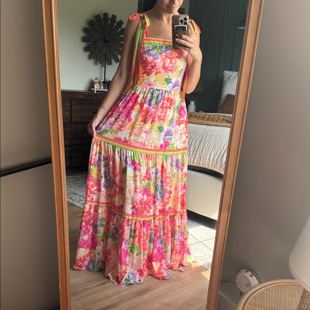 Floral Maxi Dress with Pink and Green Accents